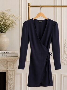 Topshop Black Wrap Mini Dress | Long Sleeve V-Neck Tie Waist | Size US 6